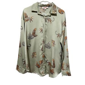 MAZIK Blouse Top M Cheetah Satin Stretch Button Up Safari Career Office Animal